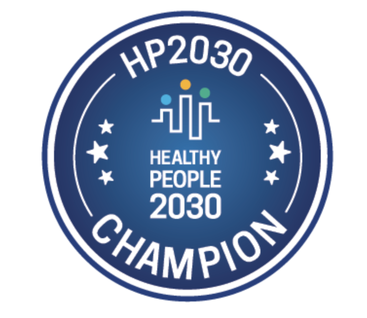 Navy circular badge for Healthy People 2030 (HP2030) Champions.